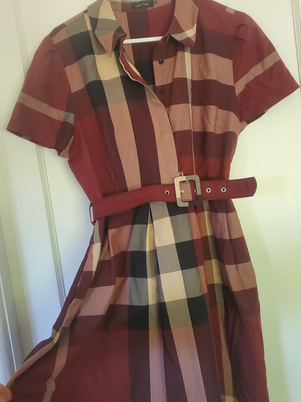 Burgundy belted plaid shirtdress, XL